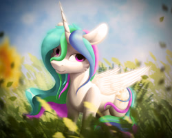 Size: 1437x1152 | Tagged: safe, artist:itssim, princess celestia, alicorn, pony, g4, cheek fluff, cloud, day, female, folded wings, grass, looking at you, mare, nature, outdoors, smiling, smiling at you, solo, standing, stray strand, sunlight, three quarter view, wings