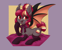 Size: 4375x3500 | Tagged: safe, artist:taytinabelle, oc, oc only, oc:porona, bat pony, pony, bat pony oc, bat wings, braided tail, chest fluff, clothes, commission, ear fluff, fangs, hair bun, happy, necktie, open mouth, raised hoof, simple background, smiling, socks, solo, spread wings, stockings, thigh highs, wings