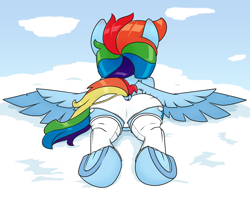 Size: 1800x1415 | Tagged: safe, artist:dacaoo, rainbow dash, pegasus, pony, g4, butt, clothes, dock, female, frog (hoof), leg warmers, panties, plot, rainbutt dash, rear view, solo, underhoof, underwear