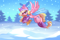 Size: 4222x2864 | Tagged: safe, artist:airiniblock, oc, oc only, oc:bay breeze, pegasus, pony, rcf community, beanie, boots, bow, clothes, commission, cute, female, flying, hair bow, happy, hat, mare, open mouth, scarf, shoes, snow, snowfall, solo, winter, winter outfit
