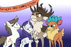 Size: 1800x1200 | Tagged: safe, artist:thescornfulreptilian, hondo flanks, rarity, stronghoof hoofstrong (tfh), velvet (tfh), deer, pony, reindeer, unicorn, them's fightin' herds, g4, butt, community related, father and child, father and daughter, father's day, female, male, nervous, plot, plot pair
