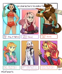 Size: 3000x3582 | Tagged: safe, artist:_stashio, megan williams (g4), sunset shimmer, human, anthro, equestria girls, g4, breasts, chae lim, clothes, crossover, evening gloves, female, fingerless elbow gloves, fingerless gloves, floaty, gloves, haruno sakura, high res, king of fighters, long gloves, male, naruto, naze boku no sekai wo daremo oboeteinai no ka, pants, partial nudity, peace sign, ponied up, re:zero, ricardio, six fanarts, smiling, sword, thinking, topless, weapon