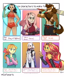 Size: 3000x3582 | Tagged: safe, artist:_stashio, megan williams (g4), sunset shimmer, human, anthro, equestria girls, g4, breasts, chae lim, clothes, crossover, evening gloves, female, fingerless elbow gloves, fingerless gloves, floaty, gloves, haruno sakura, high res, king of fighters, long gloves, male, naruto, naze boku no sekai wo daremo oboeteinai no ka, pants, partial nudity, peace sign, ponied up, re:zero, ricardo welkin, six fanarts, smiling, sword, thinking, topless, weapon