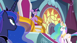 Size: 1920x1080 | Tagged: safe, screencap, princess celestia, princess luna, twilight sparkle, alicorn, pony, g4, the ending of the end, throne, throne room, twilight sparkle (alicorn)