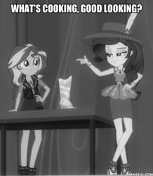 Size: 600x688 | Tagged: safe, edit, edited screencap, screencap, rarity, sunset shimmer, equestria girls, g4, my little pony equestria girls: better together, rarity investigates: the case of the bedazzled boot, black and white, caption, female, geode of empathy, geode of shielding, grayscale, image macro, magical geodes, memeful.com, monochrome, text