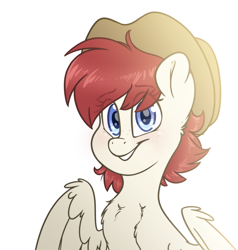 Size: 2000x2100 | Tagged: safe, artist:fluffyxai, oc, oc only, oc:sound blow, pegasus, pony, female, hat, high res, leather hat, looking at you, mare, simple background, smiling, solo, white background