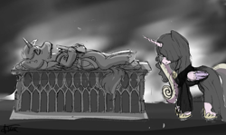 Size: 2419x1440 | Tagged: safe, artist:minty joy, princess cadance, shining armor, alicorn, pony, unicorn, g4, armor, clothes, corpse, dead, dress, feels, female, future, grave, immortality blues, lord of the rings, lying down, male, monochrome, mourning, on back, sad, ship:shiningcadance, shipping, straight, sword, the two towers, weapon, widow