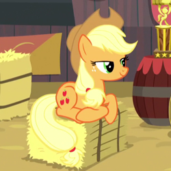Size: 480x480 | Tagged: safe, screencap, applejack, earth pony, pony, appleoosa's most wanted, g4, cropped, cute, female, hay bale, jackabetes, mare, ponyloaf, solo