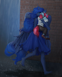 Size: 1280x1600 | Tagged: safe, artist:margony, princess luna, oc, alicorn, unicorn, anthro, plantigrade anthro, barefoot, clothes, colt, dirt, dirty, dirty feet, dress, escape, feet, female, male, pants, praise the moon, puddle, rain, rescue, running, shoes, soles, toes, torn clothes, wet