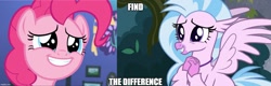 Size: 1563x500 | Tagged: safe, edit, edited screencap, screencap, pinkie pie, silverstream, classical hippogriff, earth pony, hippogriff, pony, g4, school daze, caption, duo, episode needed, find the difference, image macro, jewelry, necklace, smiling, text