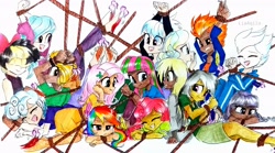 Size: 3532x1968 | Tagged: safe, artist:liaaqila, blossomforth, cloudchaser, daring do, derpy hooves, fleetfoot, flitter, fluttershy, inky rose, lightning dust, rainbow dash, rolling thunder, songbird serenade, spitfire, strawberry sunrise, vapor trail, human, equestria girls, g4, my little pony: the movie, barefoot, bondage, bound wrists, bow, clothes, commission, crying, dark skin, dress, eyes closed, feather, feet, female, fetish, foot fetish, grin, gritted teeth, hair bow, humanized, jacket, jeans, laughing, open mouth, pants, rainbow dash is not amused, rope, rope bondage, shirt, simple background, sitting, sitting on person, skirt, sleeveless, sleeveless sweater, smiling, soles, sweater, sweatpants, t-shirt, tears of laughter, tickle torture, tickling, traditional art, unamused, white background