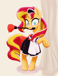Size: 1040x1349 | Tagged: safe, artist:ikarooz, sunset shimmer, pony, unicorn, g4, bipedal, clothes, curtains, cute, dress, duster, female, frog (hoof), maid, mare, mouth hold, shimmerbetes, solo, underhoof
