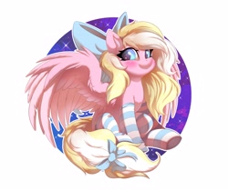 Size: 4096x3448 | Tagged: safe, artist:ask-colorsound, oc, oc only, oc:bay breeze, pegasus, pony, blushing, bow, clothes, cute, female, hair bow, looking at you, mare, ocbetes, simple background, socks, solo, spread wings, starry eyes, striped socks, tail bow, underhoof, white background, wingding eyes, wings