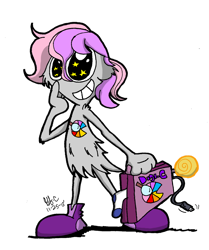 Size: 1024x1225 | Tagged: safe, artist:spongefox, oc, oc only, oc:digibrony, candy, crossover, cute, food, lollipop, male, simple background, sock, solo, starry eyes, suitcase, transparent background, wander over yonder, wingding eyes