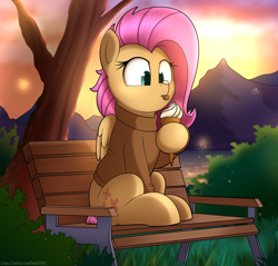 Size: 4096x3923 | Tagged: safe, artist:felixf, fluttershy, pegasus, pony, g4, absurd resolution, bench, clothes, cross-eyed, female, folded wings, food, grass, hoof hold, ice cream, ice cream on nose, icing on nose, lake, looking at self, looking at something, mare, mountain, outdoors, raised hoof, river, sitting, solo, sunset, sweater, sweatershy, three quarter view, tongue out, tree, water, wings