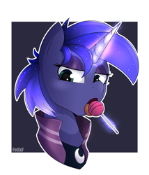 Size: 3000x3500 | Tagged: safe, artist:felixf, princess luna, alicorn, pony, g4, bust, candy, clothes, female, food, glowing horn, high res, horn, licking, lollipop, looking at you, magic, mare, open mouth, outline, portrait, simple background, solo, three quarter view, tongue out, white outline