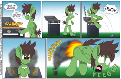 Size: 3500x2276 | Tagged: safe, artist:aarondrawsarts, oc, oc:pencil sketch, pegasus, pony, bipedal, burned, burned butt, burned butt fetish, burning, butt, butt fire, cartoon violence, comic, cross-eyed, dialogue, fetish, fire, grill, high res, literal butthurt, male, onomatopoeia, ouch, pain, sniffing