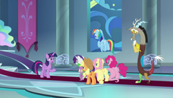 Size: 1920x1080 | Tagged: safe, screencap, applejack, discord, fluttershy, pinkie pie, princess celestia, rainbow dash, rarity, spike, twilight sparkle, alicorn, dragon, pony, g4, the ending of the end, butt, mane seven, mane six, plot, rainbutt dash, twilight sparkle (alicorn), winged spike, wings