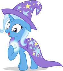 Size: 2705x3047 | Tagged: safe, artist:le-23, trixie, pony, unicorn, g4, brooch, cape, clasp, clothes, gem, glowing, glowing gems, hat, high res, lightup, simple background, smiling, transparent background, trixie's brooch, trixie's cape, trixie's glowing brooch, trixie's hat, vector