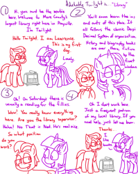 Size: 4779x6013 | Tagged: safe, artist:adorkabletwilightandfriends, twilight sparkle, oc, oc:lawrence, alicorn, earth pony, pony, comic:adorkable twilight and friends, g4, adorkable, adorkable twilight, book, book cart, bookhorse, comic, conversation, cute, dork, glasses, humor, introduction, kindness, library, necktie, passion, slice of life, that pony sure does love books, twilight sparkle (alicorn)
