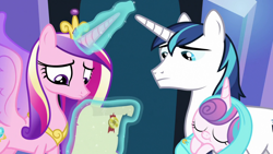 Size: 1920x1080 | Tagged: safe, screencap, princess cadance, princess flurry heart, shining armor, alicorn, pony, unicorn, g4, the ending of the end, eyes closed, female, male, reading, scroll, sleeping, worried