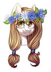 Size: 1408x1956 | Tagged: safe, artist:helemaranth, oc, oc only, earth pony, pony, bust, earth pony oc, floral head wreath, flower, simple background, smiling, solo, transparent background