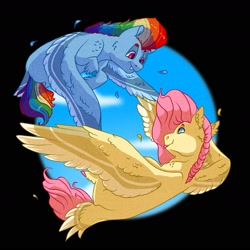 Size: 1900x1900 | Tagged: safe, artist:datwhoolsumcartunist, fluttershy, rainbow dash, pegasus, pony, g4, female, flying, lesbian, looking at each other, mare, ship:flutterdash, shipping, tail feathers, tongue out