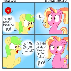Size: 1414x1414 | Tagged: safe, artist:swivel starsong, luster dawn, oc, pony, unicorn, g4, bell, comic, female, luster dawn is not amused, school, this will end in detention
