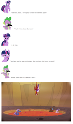 Size: 840x1420 | Tagged: safe, edit, screencap, clump, garble, prominence, spike, starlight glimmer, twilight sparkle, vex, dragon, celestial advice, g4, abuse, comic, glimmerbuse, lava, shitposting