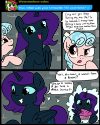 Size: 1536x1928 | Tagged: safe, artist:sjart117, cozy glow, oc, oc:nyx, alicorn, pony, ask nyx, g4, ask, ask dust rock, cake, castle of the royal pony sisters, comic, female, flash back, food, mare, permission given, tumblr