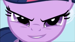 Size: 720x406 | Tagged: safe, edit, edited screencap, screencap, twilight sparkle, pony, unicorn, applebuck season, g4, badass, bring it on, close-up, cropped, female, happy, inverted mouth, narrowed eyes, smiling, smiling at you, solo, unicorn twilight