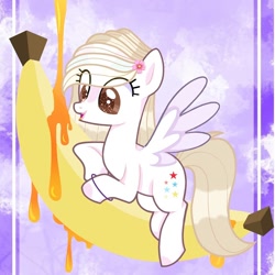 Size: 1080x1080 | Tagged: safe, artist:lacey.wonder, oc, oc only, pegasus, pony, banana, cloud, eyelashes, food, herbivore, lying down, pegasus oc, prone, solo, starry eyes, two toned wings, wingding eyes, wings