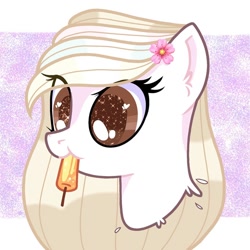 Size: 1080x1080 | Tagged: safe, artist:lacey.wonder, oc, oc only, earth pony, pony, bust, earth pony oc, eating, flower, flower in hair, food, mouth hold, popsicle, solo, starry eyes, wingding eyes