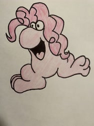 Size: 3024x4032 | Tagged: safe, artist:artevi, pinkie pie, g4, candy, cursed image, female, food, kill it, nerds, nightmare fuel, not salmon, solo, species swap, traditional art, wat, why