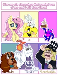 Size: 940x1212 | Tagged: safe, artist:wandakinkay, angel bunny, fluttershy, dog, goat, human, pegasus, pony, rabbit, anthro, g4, animal, anthro with ponies, bust, collar, crossover, female, jojo's bizarre adventure, lady and the tramp, male, mare, open mouth, pyromancy, sitting, six fanarts, smiling, toriel, undertale