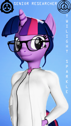 Size: 1080x1920 | Tagged: safe, artist:backmaker, sci-twi, twilight sparkle, anthro, g4, 3d, clothes, glasses, lab coat, scp, scp foundation, solo, source filmmaker