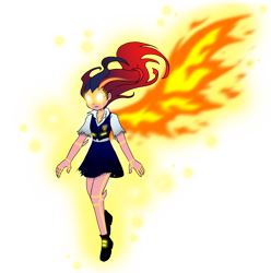 Size: 1048x1056 | Tagged: safe, artist:crydius, oc, oc:gamma, human, robot, equestria girls, g4, clothes, fire, gamma ifrit mode, glowing horn, horn, humanized, magical lesbian spawn, offspring, parent:sci-twi, parent:sunset shimmer, parents:scitwishimmer, simple background, skirt, transparent background, uniform, winged humanization, wings