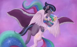 Size: 1600x995 | Tagged: safe, artist:greenbrothersart, idw, king sombra, princess celestia, alicorn, pony, unicorn, g4, butt, cape, clothes, duo, eyes closed, female, good king sombra, hug, kissing, male, plot, ship:celestibra, shipping, slender, sparkly mane, sparkly tail, spread wings, straight, sunbutt, thin, wings