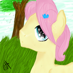 Size: 1000x1000 | Tagged: safe, artist:oceanhorse00, fluttershy, butterfly, pegasus, pony, g4, butterscotch, day, male, rule 63, solo, tree