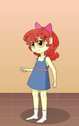 Size: 881x1414 | Tagged: safe, artist:happy harvey, apple bloom, equestria girls, g4, adorabloom, bow, clothes, curly hair, cute, denim dress, dress, female, freckles, hair bow, looking at you, missing shoes, peace sign, phone drawing, socks, solo, wooden floor