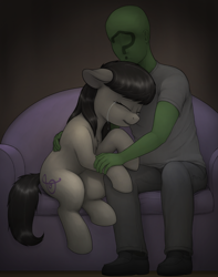 Size: 2325x2954 | Tagged: safe, artist:zippysqrl, octavia melody, oc, oc:anon, earth pony, human, pony, g4, clothes, comforting, consoling, couch, crying, duo, embrace, eyes closed, female, high res, hug, sad, shirt, shoes, tears of joy