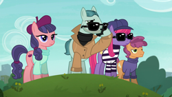 Size: 1280x720 | Tagged: safe, screencap, late show, on stage, raspberry beret, stardom, earth pony, pony, g4, made in manehattan, beret, clothes, female, hat, male, mare, stallion, sunglasses, sweater, turtleneck