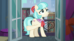 Size: 1280x720 | Tagged: safe, screencap, coco pommel, earth pony, pony, g4, made in manehattan, my little pony: friendship is magic, female, mare, raised hoof, solo