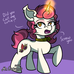 Size: 3000x3000 | Tagged: safe, artist:php190, oc, oc only, oc:dolce spiaro, pony, unicorn, abstract background, female, full body, high res, looking at you, magic, makeup, mare, open mouth, raised hoof, rude, solo