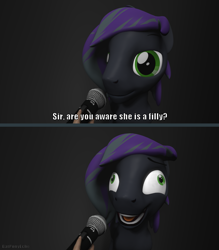 Size: 1279x1458 | Tagged: safe, artist:batponyecho, oc, oc only, oc:rome silvanus, earth pony, pony, 3d, comic, derp, disembodied hand, hand, i didn't listen, image macro, implied pedophile, meme, microphone, smiling, source filmmaker, text