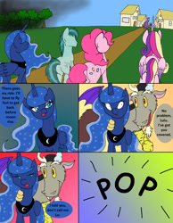 Size: 1000x1288 | Tagged: safe, artist:emilou1985, crystal arrow, crystal beau, discord, pinkie pie, princess cadance, princess luna, pony, comic:signs, g4, annoyed, front view, pop, rear view, surprised