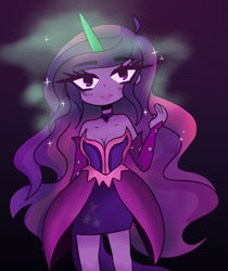Size: 1719x2048 | Tagged: safe, artist:prizecow, sci-twi, twilight sparkle, equestria girls, g4, bare shoulders, breasts, cleavage, female, glowing horn, gradient background, horn, midnight sparkle, solo, sparkles, wingless