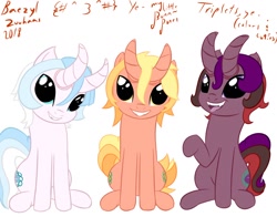 Size: 1280x1002 | Tagged: safe, artist:baezyl zuuhaas, oc, oc only, oc:peaches dyorn, oc:plumbiskyn dyorn, oc:snowburri dyorn, bicorn, hybrid, original species, pony, canines, cute, cutie mark, elf ears, emoji, horn, horns, intersex, multiple horns, sharp teeth, siblings, simple background, sitting, smiling, staring at you, teeth, thick horn, tongue out, triplets, white background