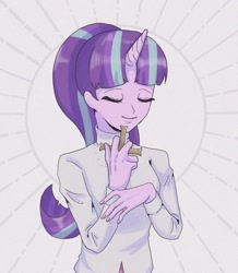 Size: 1194x1372 | Tagged: safe, artist:ugmegt, starlight glimmer, equestria girls, g4, christianity, clothes, cross, eyes closed, female, halo, horn, horned humanization, religion, s5 starlight, saint, smiling, solo