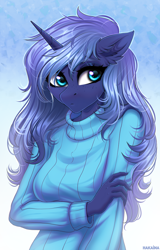 Size: 2500x3900 | Tagged: safe, artist:hakaina, oc, oc only, oc:midnight starfall, unicorn, anthro, clothes, ear fluff, female, freckles, high res, mare, not luna, shy, solo, sweater, turtleneck